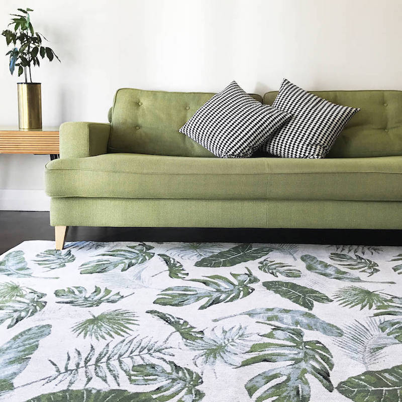 tropical leaf green white rug